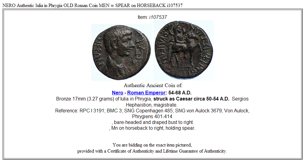 NERO Authentic Iulia in Phrygia OLD Roman Coin MEN w SPEAR on HORSEBACK i107537