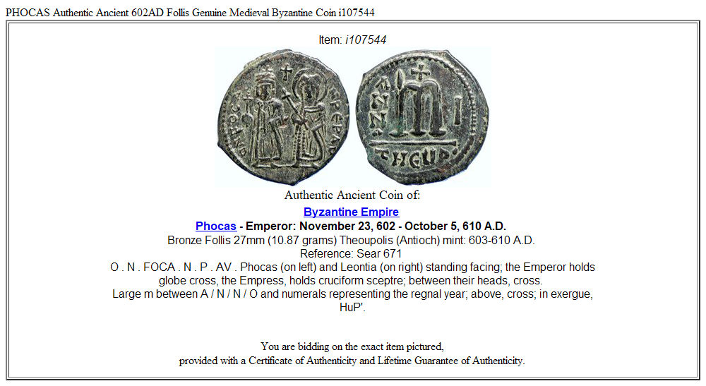 PHOCAS Authentic Ancient 602AD Follis Genuine Medieval Byzantine Coin i107544