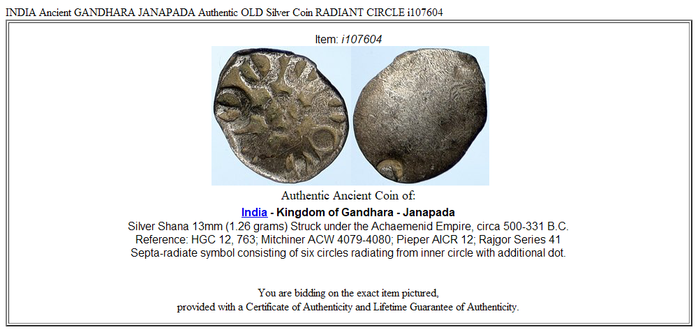 INDIA Ancient GANDHARA JANAPADA Authentic OLD Silver Coin RADIANT CIRCLE i107604