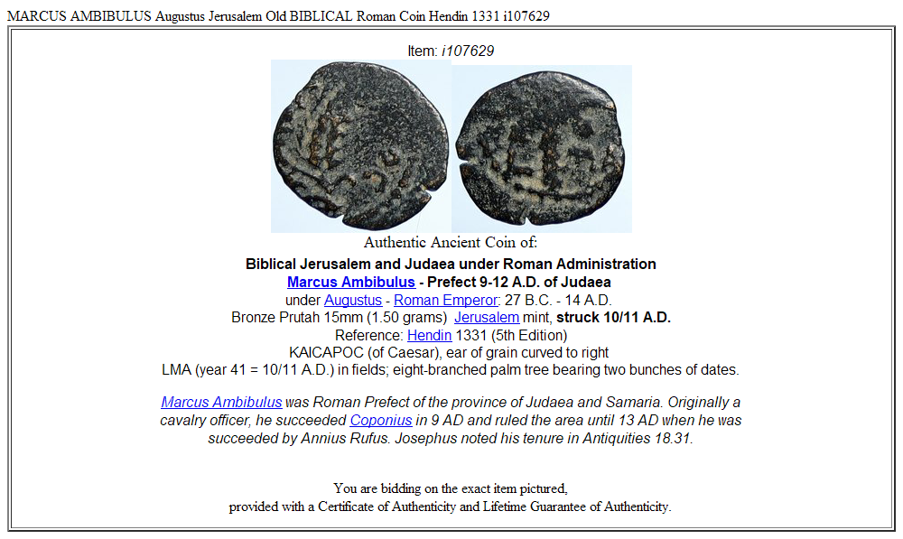 MARCUS AMBIBULUS Augustus Jerusalem Old BIBLICAL Roman Coin Hendin 1331 i107629