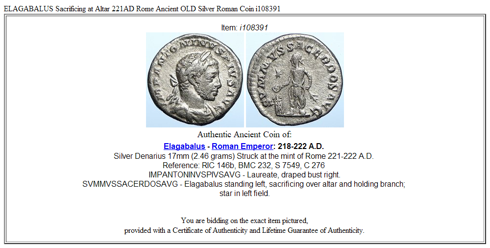 ELAGABALUS Sacrificing at Altar 221AD Rome Ancient OLD Silver Roman Coin i108391