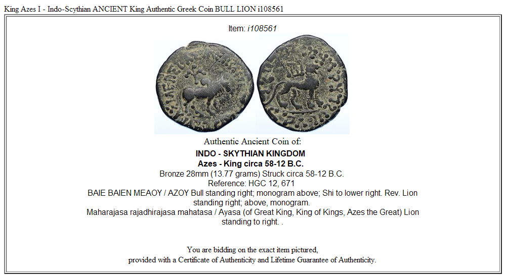 King Azes I - Indo-Scythian ANCIENT King Authentic Greek Coin BULL LION i108561