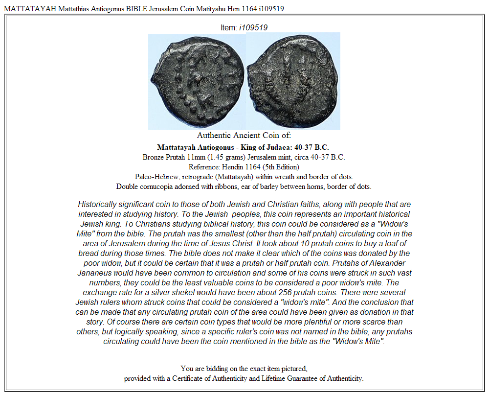 MATTATAYAH Mattathias Antiogonus BIBLE Jerusalem Coin Matityahu Hen 1164 i109519