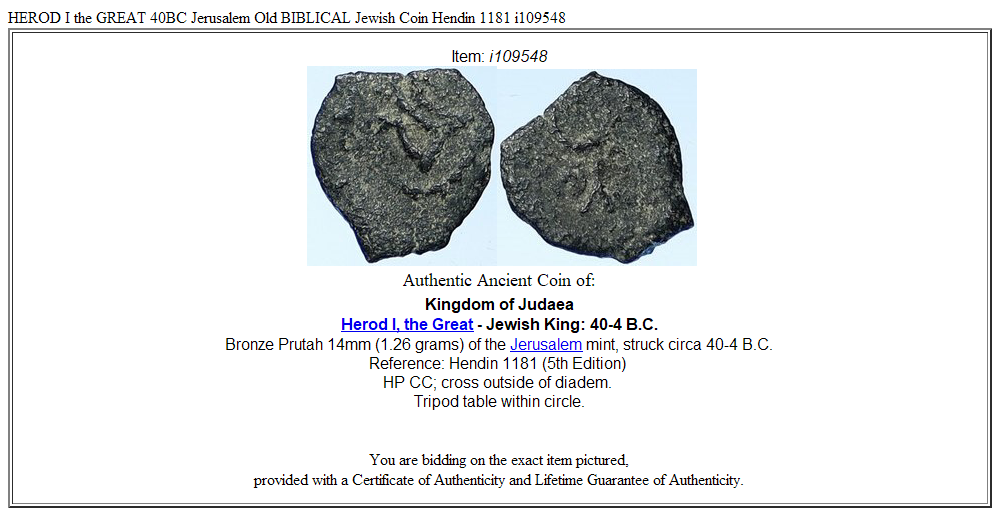 HEROD I the GREAT 40BC Jerusalem Old BIBLICAL Jewish Coin Hendin 1181 i109548