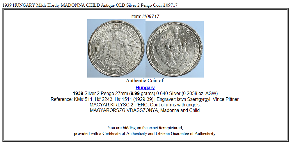 1939 HUNGARY Miklós Horthy MADONNA CHILD Antique OLD Silver 2 Pengo Coin i109717