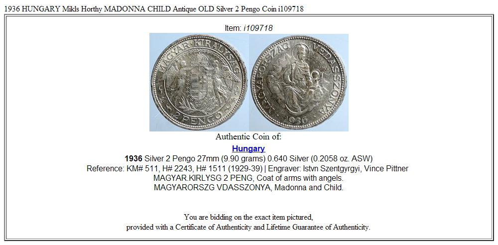 1936 HUNGARY Miklós Horthy MADONNA CHILD Antique OLD Silver 2 Pengo Coin i109718