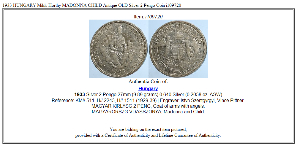 1933 HUNGARY Miklós Horthy MADONNA CHILD Antique OLD Silver 2 Pengo Coin i109720