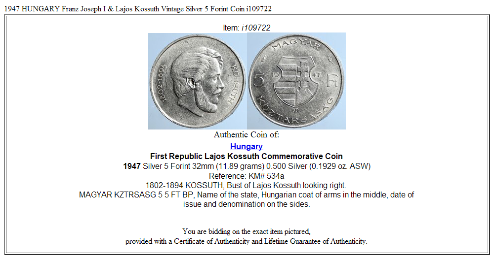 1947 HUNGARY Franz Joseph I & Lajos Kossuth Vintage Silver 5 Forint Coin i109722