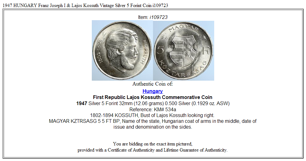 1947 HUNGARY Franz Joseph I & Lajos Kossuth Vintage Silver 5 Forint Coin i109723