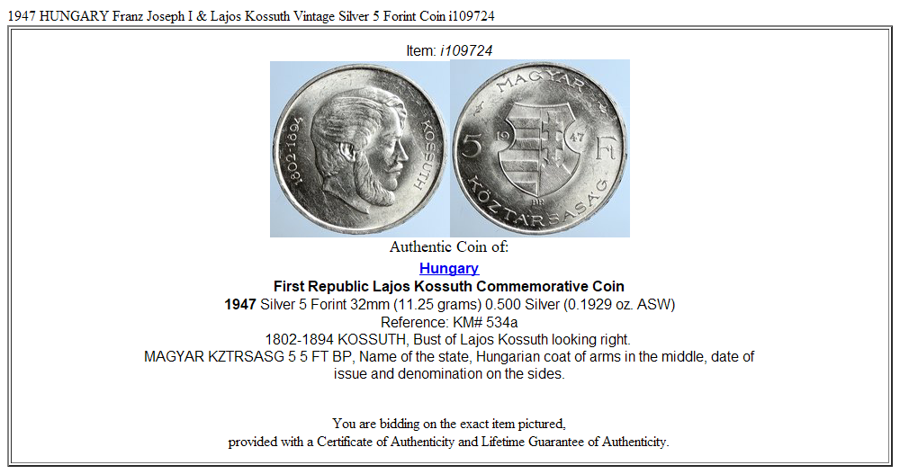 1947 HUNGARY Franz Joseph I & Lajos Kossuth Vintage Silver 5 Forint Coin i109724