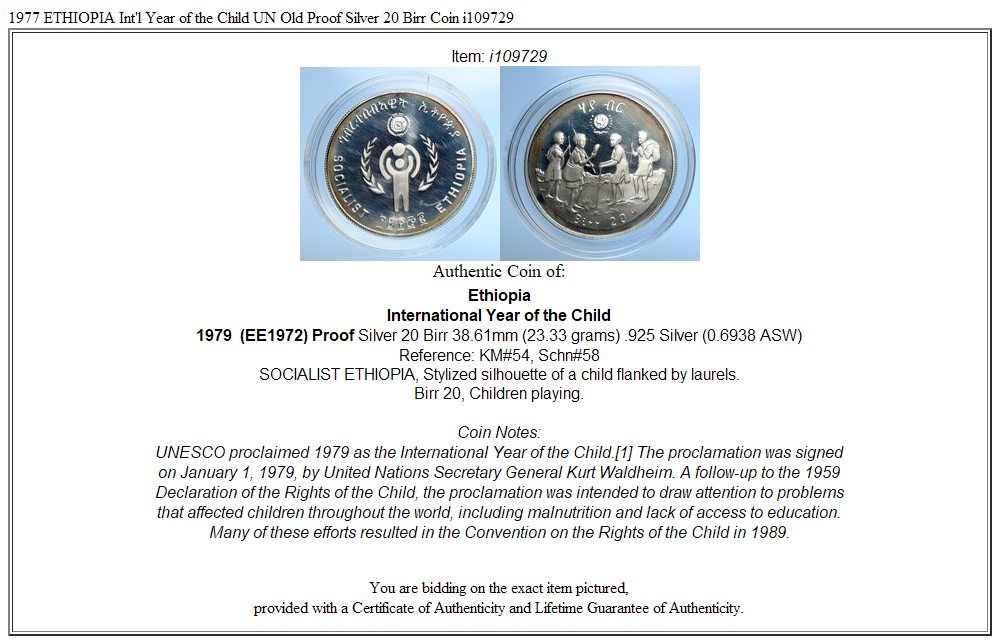 1977 ETHIOPIA Int'l Year of the Child UN Old Proof Silver 20 Birr Coin i109729