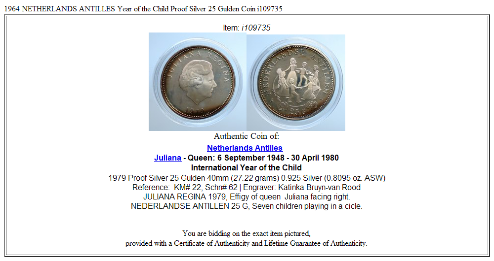 1964 NETHERLANDS ANTILLES Year of the Child Proof Silver 25 Gulden Coin i109735