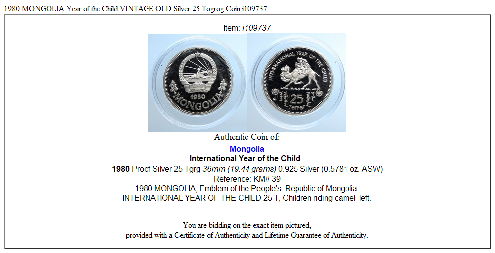 1980 MONGOLIA Year of the Child VINTAGE OLD Silver 25 Togrog Coin i109737