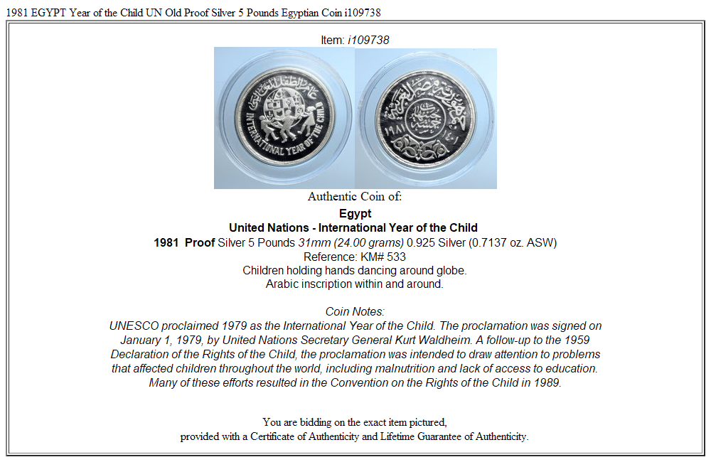 1981 EGYPT Year of the Child UN Old Proof Silver 5 Pounds Egyptian Coin i109738