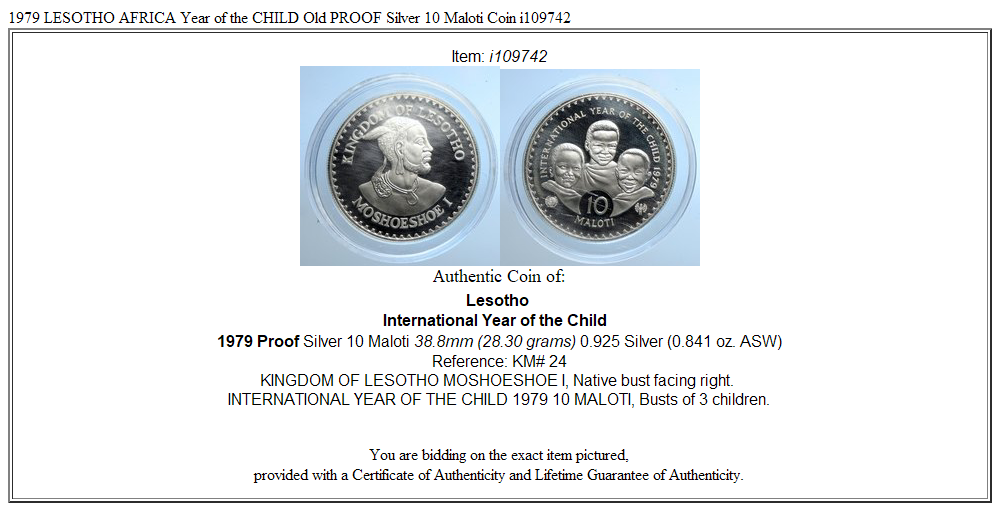 1979 LESOTHO AFRICA Year of the CHILD Old PROOF Silver 10 Maloti Coin i109742