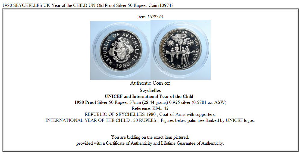 1980 SEYCHELLES UK Year of the CHILD UN Old Proof Silver 50 Rupees Coin i109743