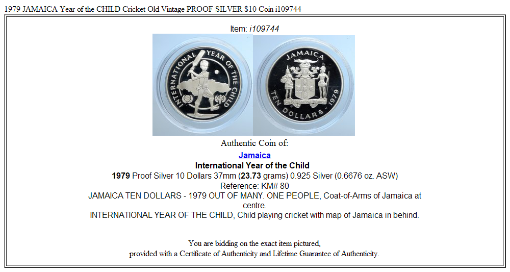 1979 JAMAICA Year of the CHILD Cricket Old Vintage PROOF SILVER $10 Coin i109744