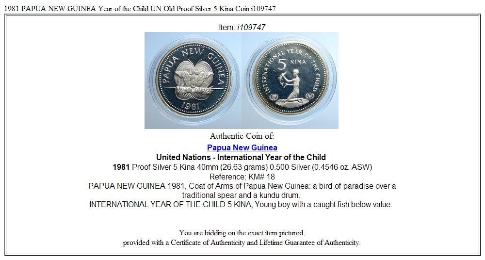 1981 PAPUA NEW GUINEA Year of the Child UN Old Proof Silver 5 Kina Coin i109747