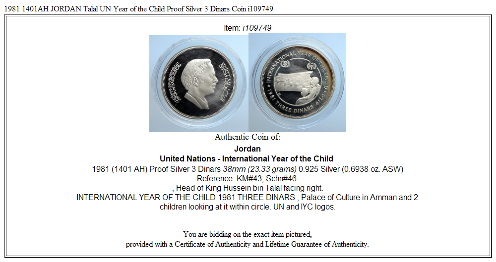 1981 1401AH JORDAN Talal UN Year of the Child Proof Silver 3 Dinars Coin i109749