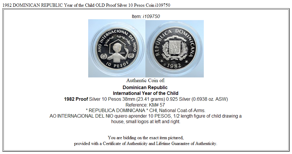 1982 DOMINICAN REPUBLIC Year of the Child OLD Proof Silver 10 Pesos Coin i109750