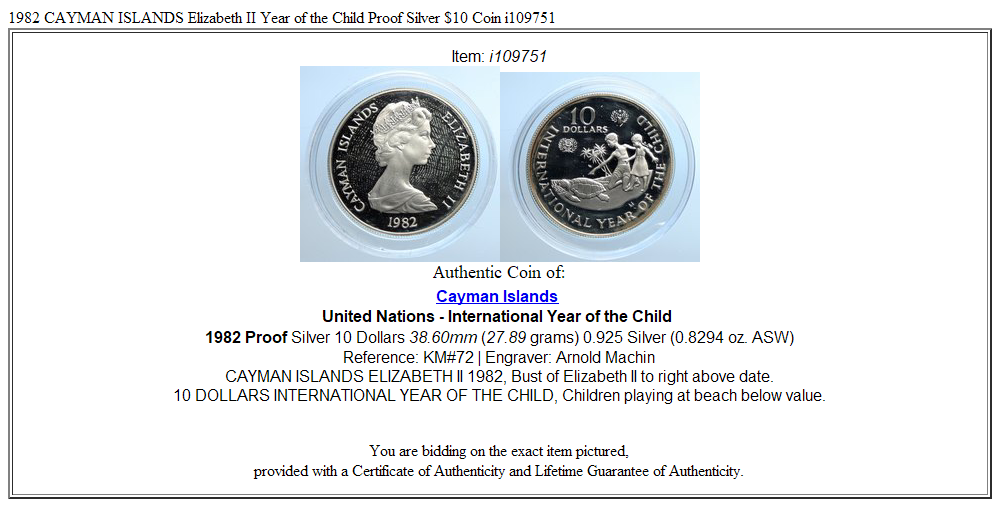 1982 CAYMAN ISLANDS Elizabeth II Year of the Child Proof Silver $10 Coin i109751