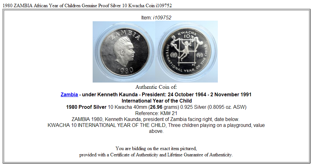 1980 ZAMBIA African Year of Children Genuine Proof Silver 10 Kwacha Coin i109752