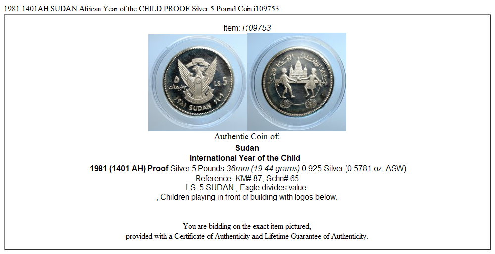 1981 1401AH SUDAN African Year of the CHILD PROOF Silver 5 Pound Coin i109753