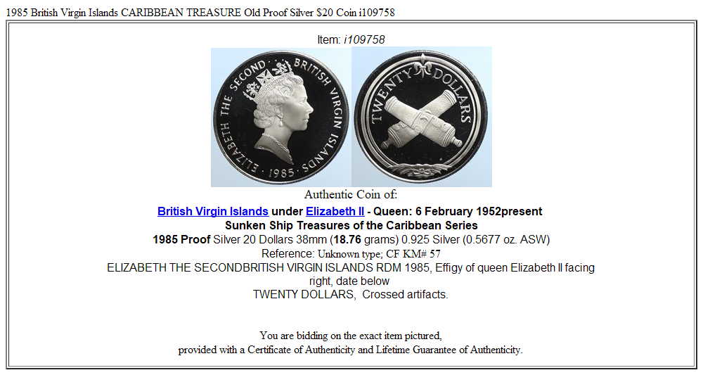 1985 British Virgin Islands CARIBBEAN TREASURE Old Proof Silver $20 Coin i109758