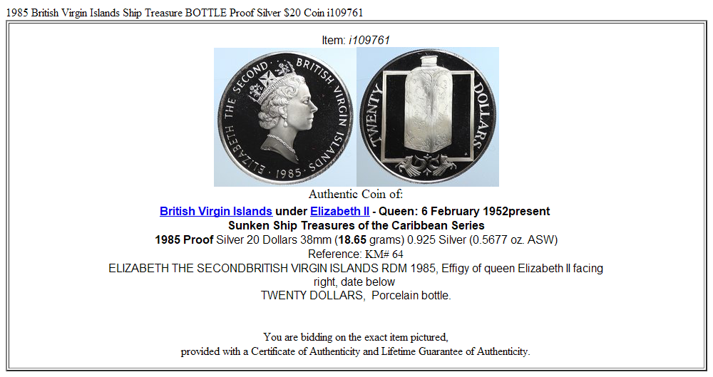 1985 British Virgin Islands Ship Treasure BOTTLE Proof Silver $20 Coin i109761