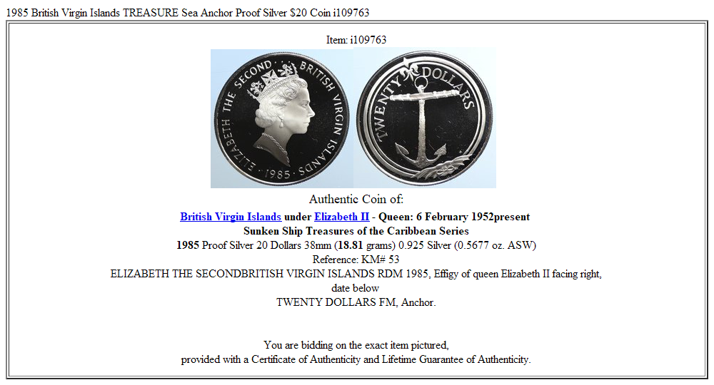 1985 British Virgin Islands TREASURE Sea Anchor Proof Silver $20 Coin i109763