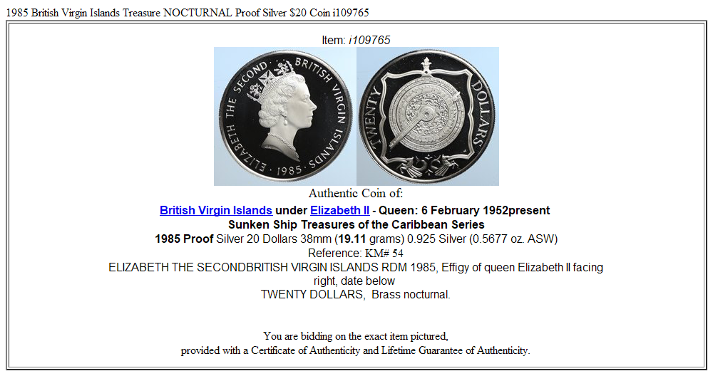 1985 British Virgin Islands Treasure NOCTURNAL Proof Silver $20 Coin i109765