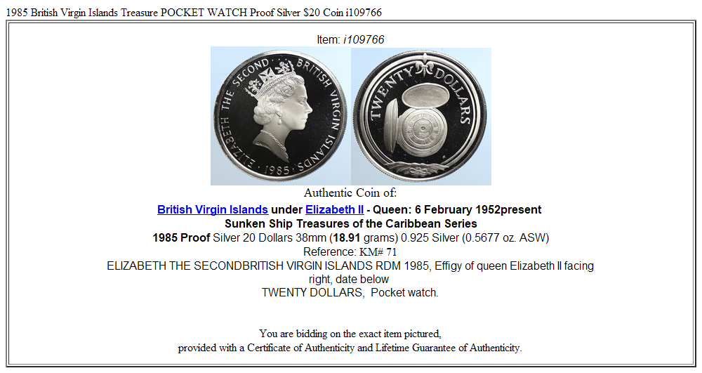 1985 British Virgin Islands Treasure POCKET WATCH Proof Silver $20 Coin i109766