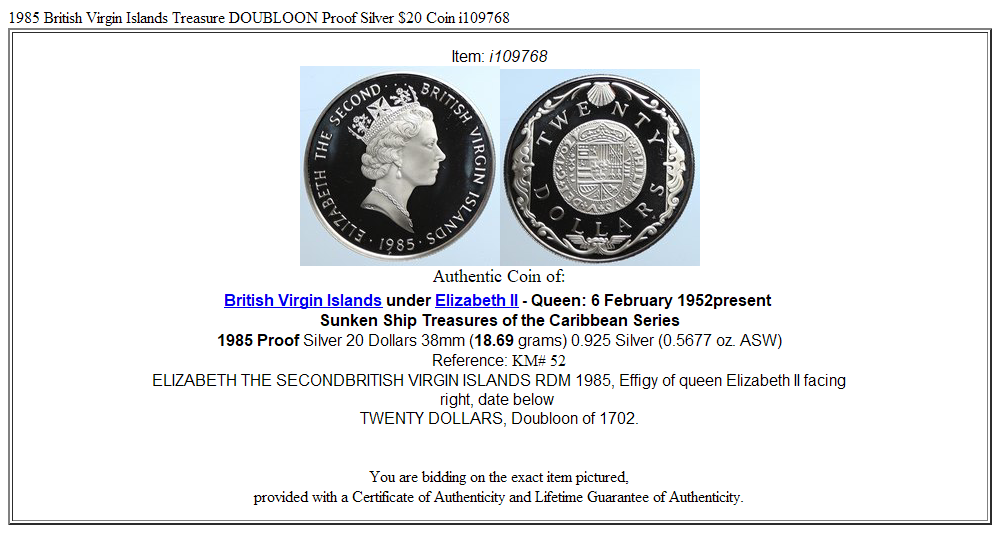 1985 British Virgin Islands Treasure DOUBLOON Proof Silver $20 Coin i109768