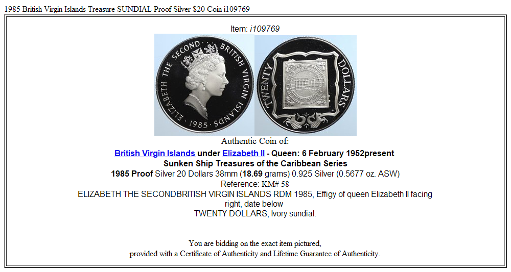 1985 British Virgin Islands Treasure SUNDIAL Proof Silver $20 Coin i109769