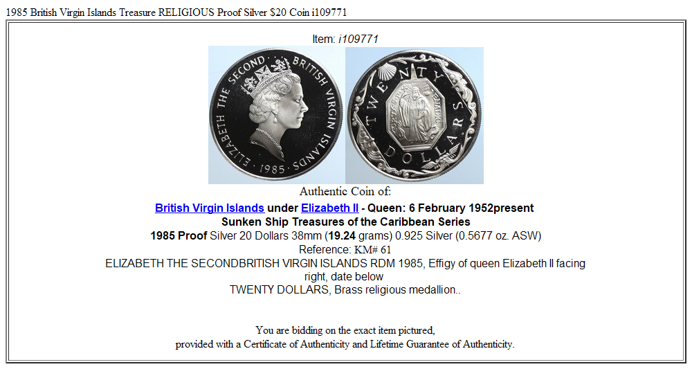 1985 British Virgin Islands Treasure RELIGIOUS Proof Silver $20 Coin i109771