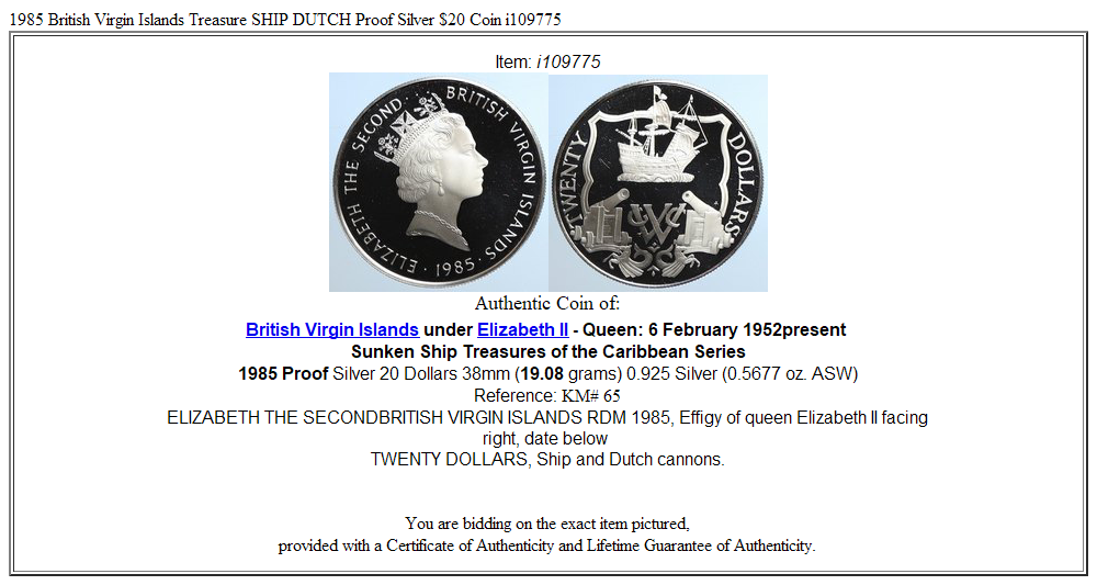 1985 British Virgin Islands Treasure SHIP DUTCH Proof Silver $20 Coin i109775