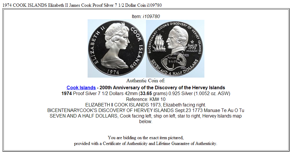 1974 COOK ISLANDS Elizabeth II James Cook Proof Silver 7 1/2 Dollar Coin i109780