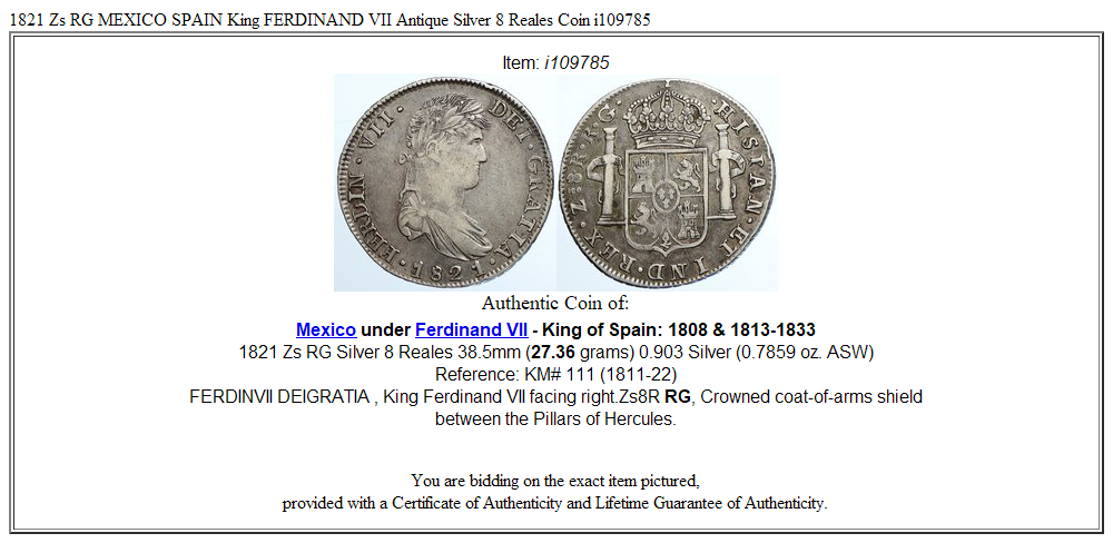 1821 Zs RG MEXICO SPAIN King FERDINAND VII Antique Silver 8 Reales Coin i109785