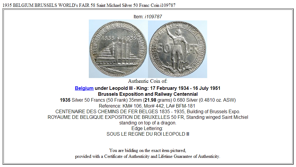 1935 BELGIUM BRUSSELS WORLD's FAIR 58 Saint Michael Silver 50 Franc Coin i109787