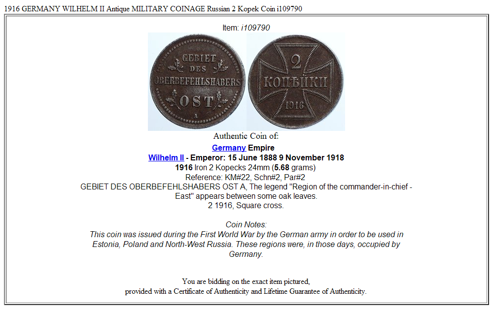 1916 GERMANY WILHELM II Antique MILITARY COINAGE Russian 2 Kopek Coin i109790