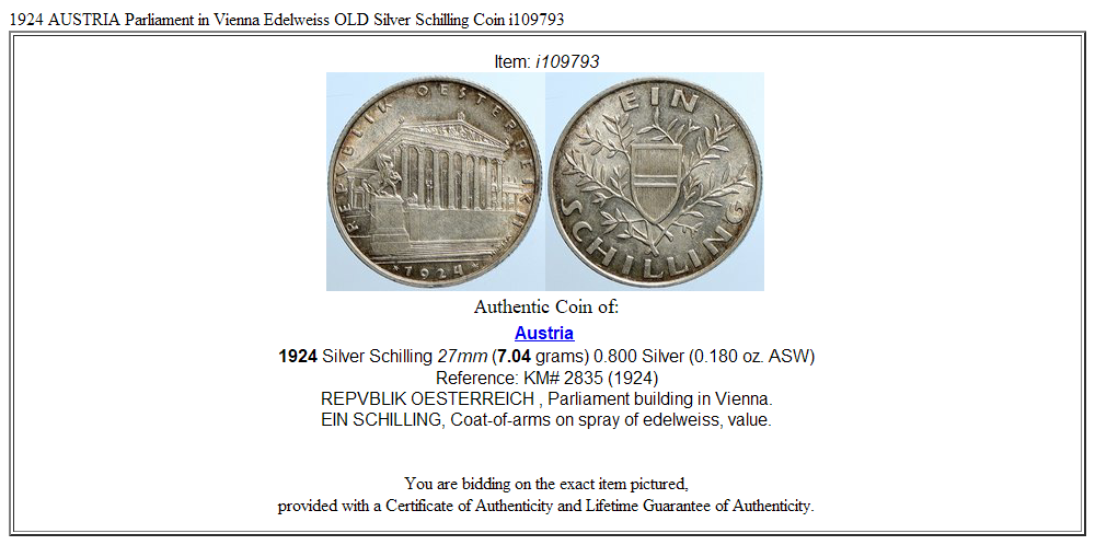 1924 AUSTRIA Parliament in Vienna Edelweiss OLD Silver Schilling Coin i109793