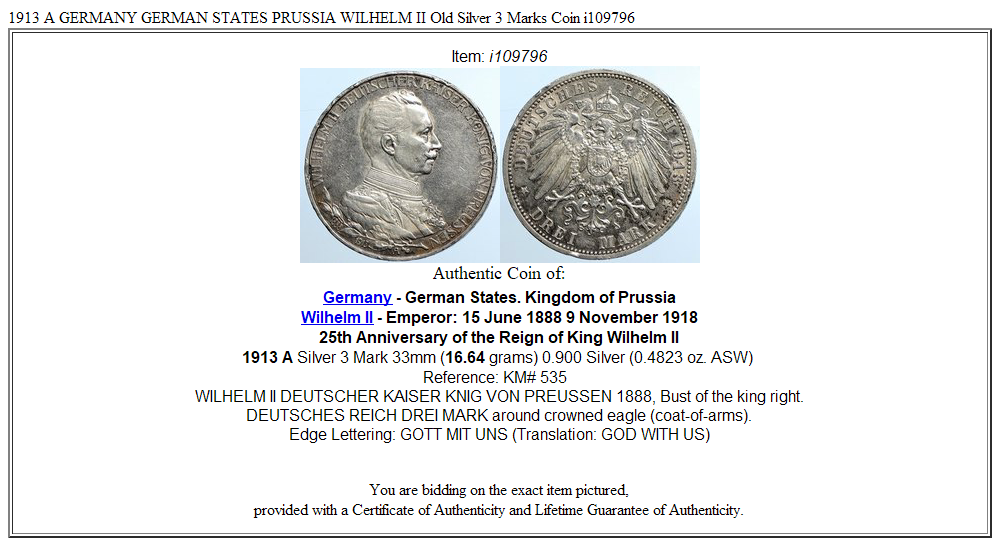 1913 A GERMANY GERMAN STATES PRUSSIA WILHELM II Old Silver 3 Marks Coin i109796