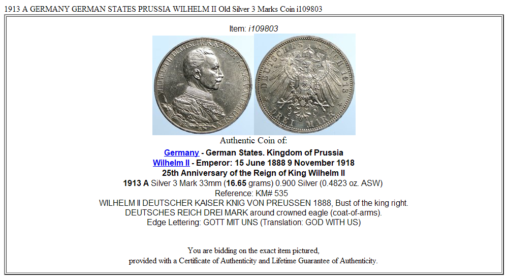 1913 A GERMANY GERMAN STATES PRUSSIA WILHELM II Old Silver 3 Marks Coin i109803