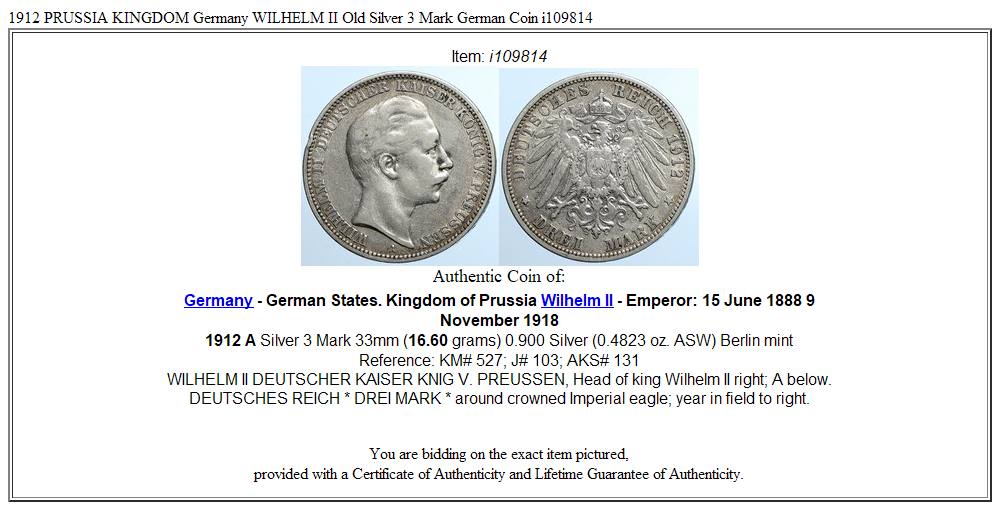 1912 PRUSSIA KINGDOM Germany WILHELM II Old Silver 3 Mark German Coin i109814