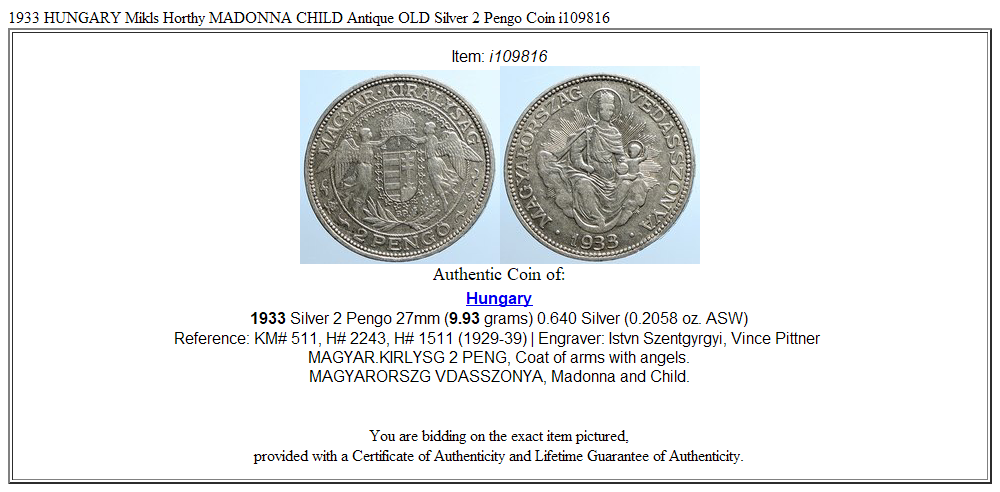 1933 HUNGARY Miklós Horthy MADONNA CHILD Antique OLD Silver 2 Pengo Coin i109816