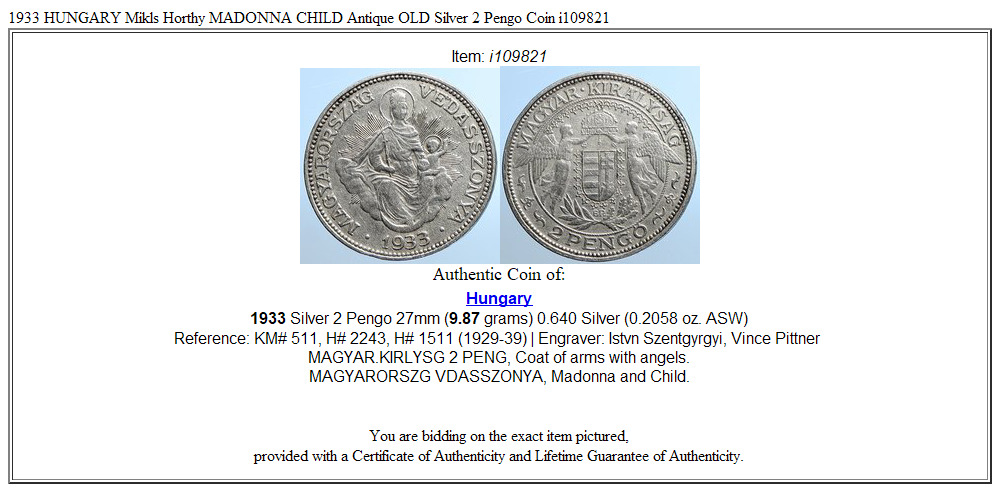 1933 HUNGARY Miklós Horthy MADONNA CHILD Antique OLD Silver 2 Pengo Coin i109821