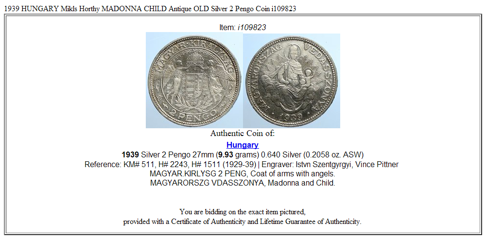 1939 HUNGARY Miklós Horthy MADONNA CHILD Antique OLD Silver 2 Pengo Coin i109823