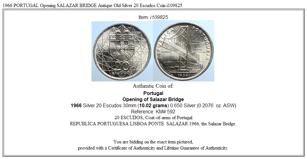 1966 PORTUGAL Opening SALAZAR BRIDGE Antique Old Silver 20 Escudos Coin i109825