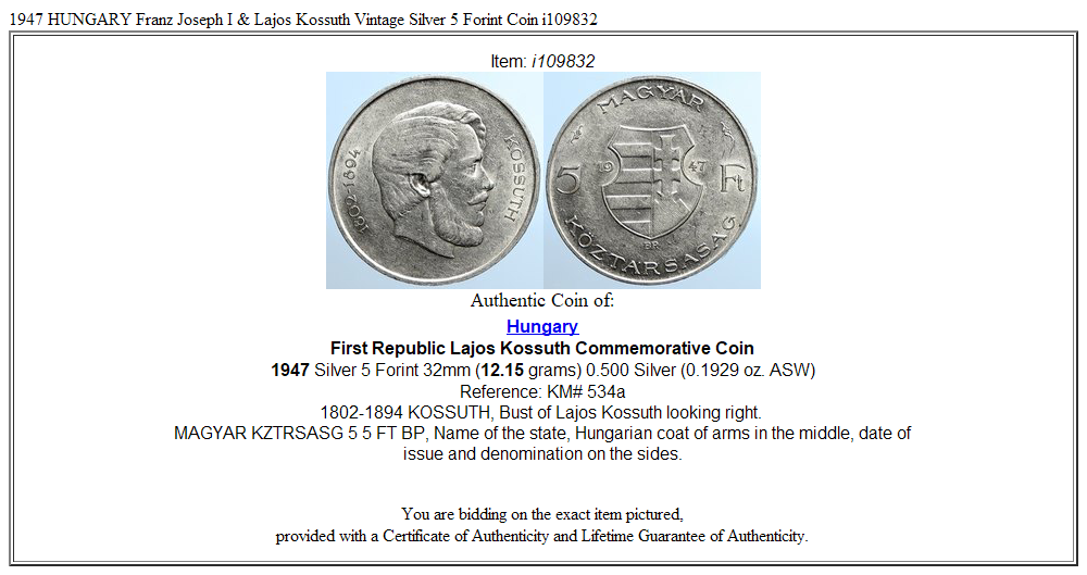 1947 HUNGARY Franz Joseph I & Lajos Kossuth Vintage Silver 5 Forint Coin i109832