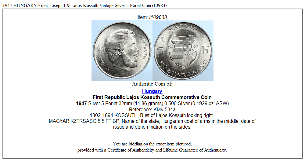 1947 HUNGARY Franz Joseph I & Lajos Kossuth Vintage Silver 5 Forint Coin i109833